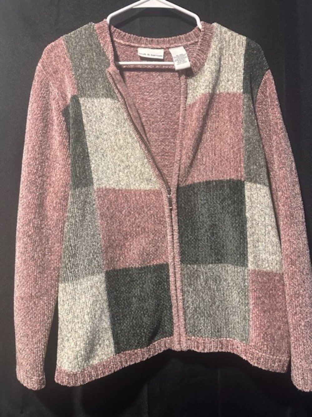 Croft & Barrow Pink Gray Colorblock Chenille Zip Cardigan Sweater – Size XL